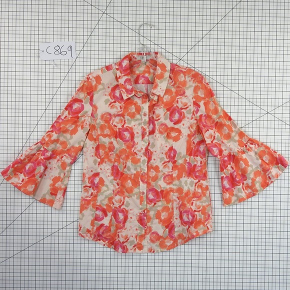 Tyler Boe Blouse Top Women's Size 4 Orange Pink Floral Bell Sleeve 100% Cotton - Picture 7 of 7